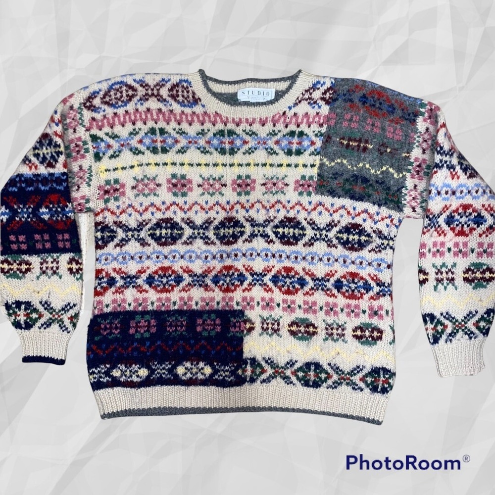Michelle Stuart Studio wool blend sweater Large Fair isle Jacquard‎ Nordic